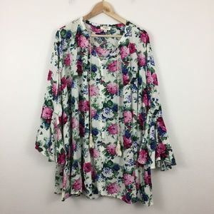 Umgee Floral Peasant Blouse Bell Sleeve Boho Tunic